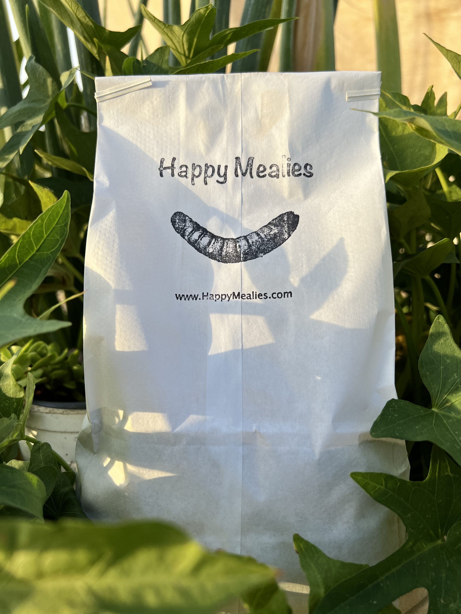 frass fertilizer bag with happy mealies logo showing