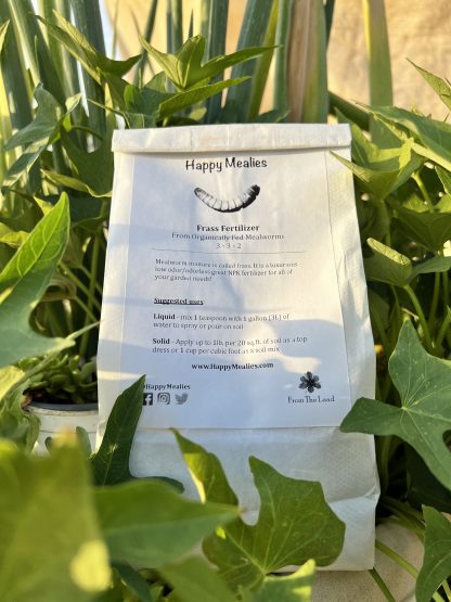 frass fertilizer bag with information label showing